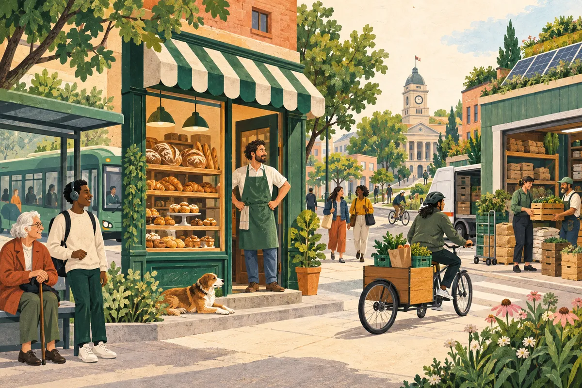 Bakery owner looking across a street with public transport, deliveries, nearby suppliers and rooftop solar panels.
