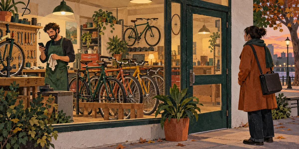 A mechanic checks a phone beside finished bicycles while a commuter arrives at a closed shop door.