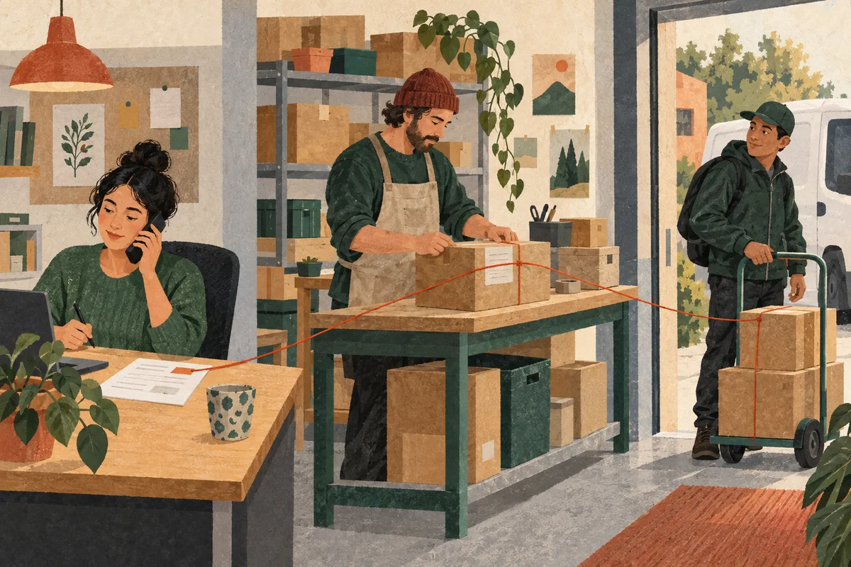 A red thread connects a service employee’s order record, a parcel at a packing bench and a driver’s trolley in one workplace.