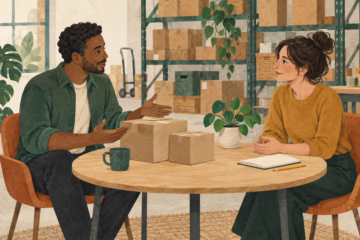 Two colleagues sit at a round warehouse table; one gestures beside parcel boxes while the other listens with a notebook and unused pencil.