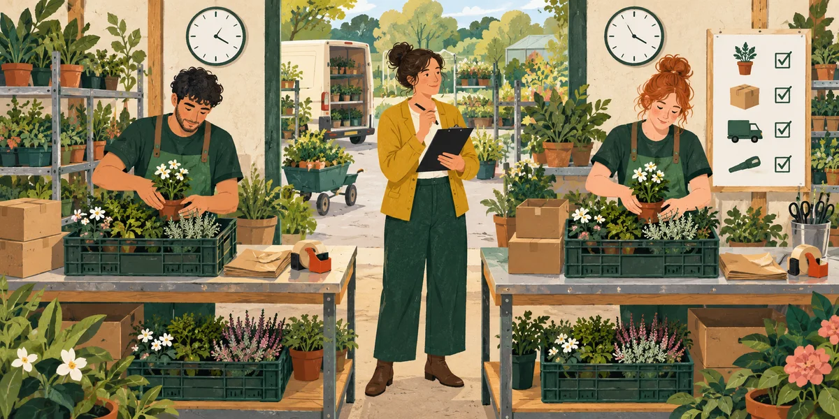 Two comparable garden-centre dispatch benches use different arrangements while a researcher watches.