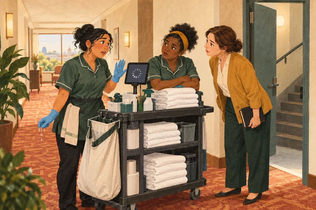 A housekeeping supervisor listens in a hotel corridor as a gloved room attendant shows a tablet that will not respond, beside a laden trolley.