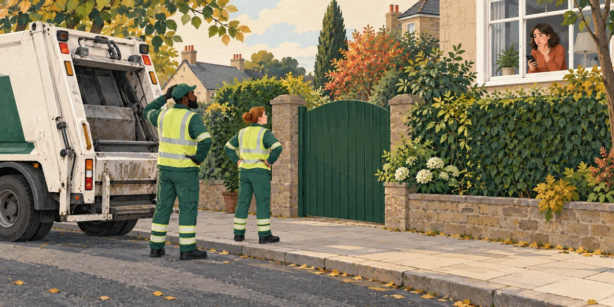 A collection crew waits by a closed garden gate while a resident checks a phone from an upstairs window.
