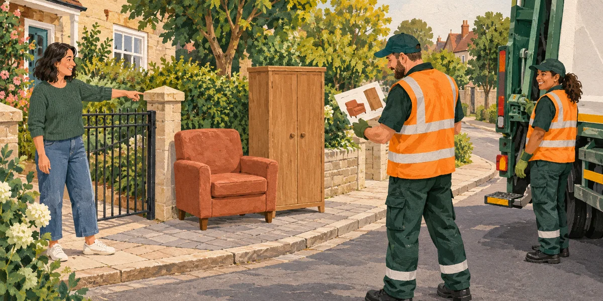 A resident and collection worker compare a pictorial booking card with furniture in an accessible pickup bay.