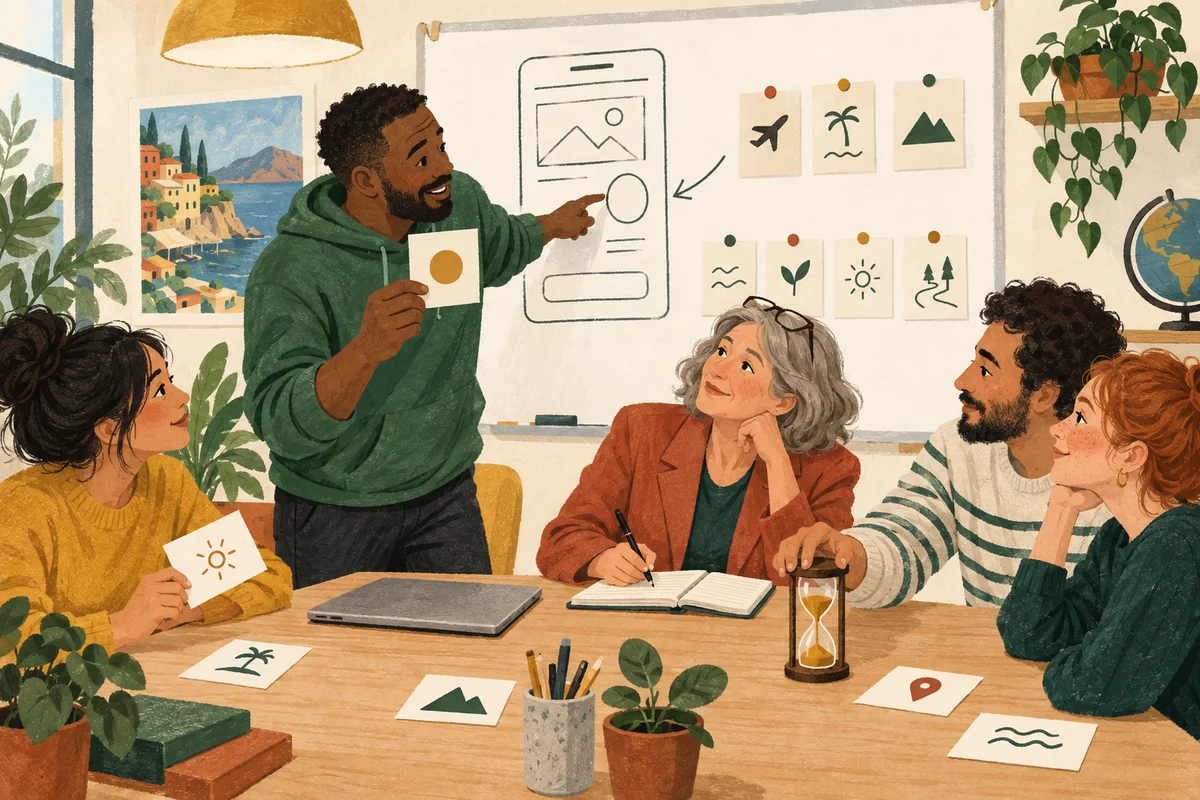 In a meeting room, an engineer holds up a card beside a hand-drawn refund screen while a senior product manager listens with her notebook open.