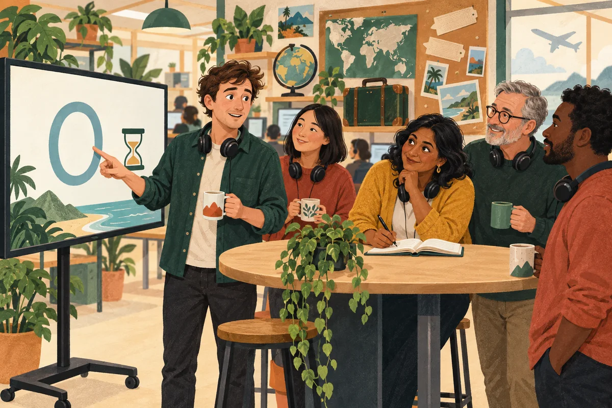 At a support team stand-up, a new agent points at a refund screen showing a zero while the team lead leans in with her notebook open.