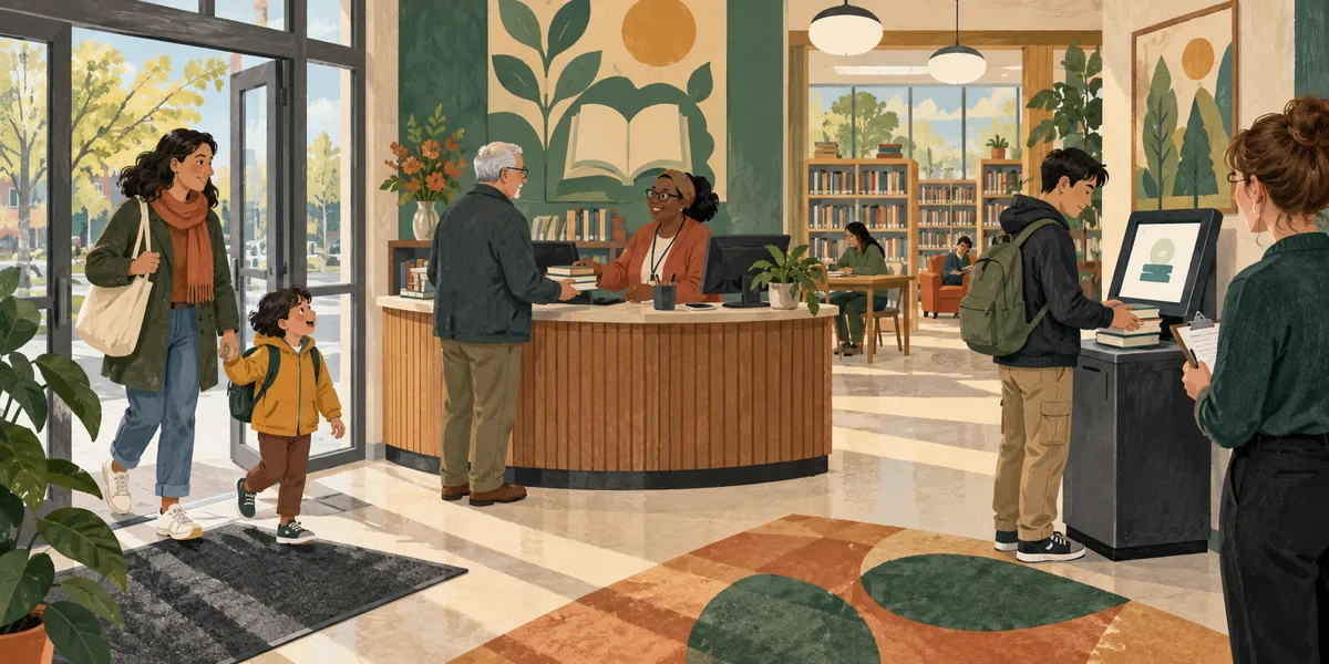 Library visitors use a staffed desk, an entrance and a self-checkout while a researcher stands only at the kiosk.