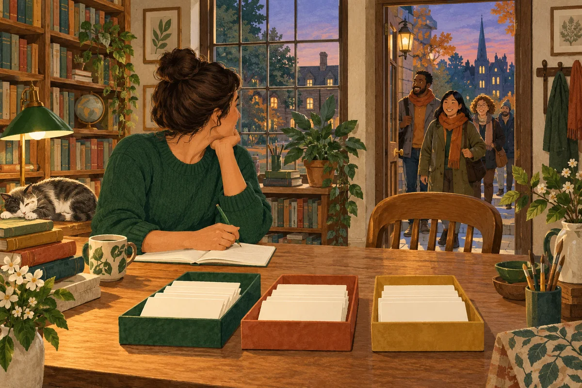 A researcher in a library reviews invitation cards beside an empty chair as evening visitors arrive outside.