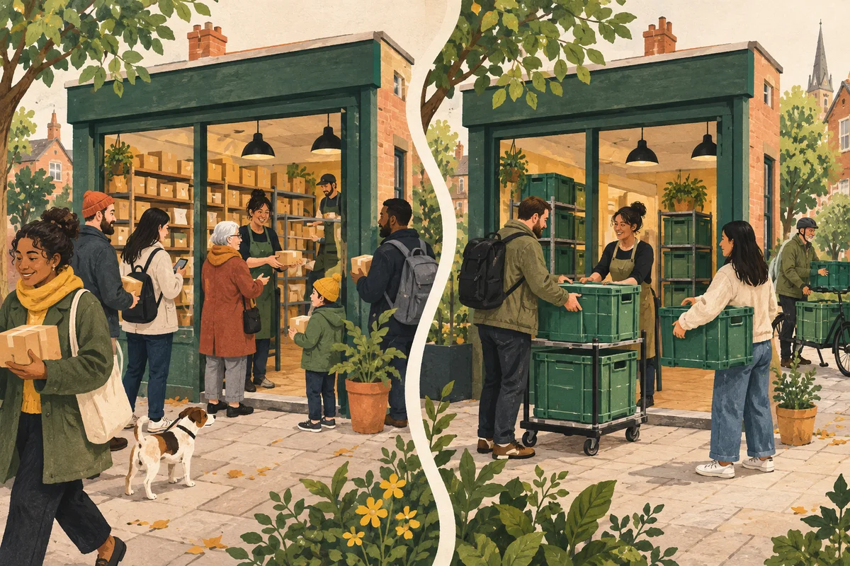 Two illustrated versions of a parcel shop, one handling individual pickups and one handling grouped crate collections.