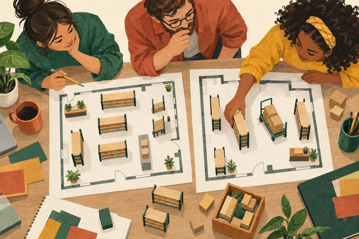 Hands moving model shelves and a parcel counter between two paper layouts.