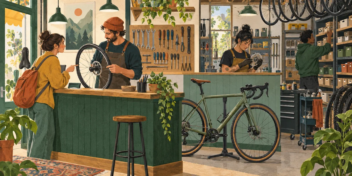 A customer discusses a bicycle at a counter while a mechanic and stock worker check parts behind a partition.