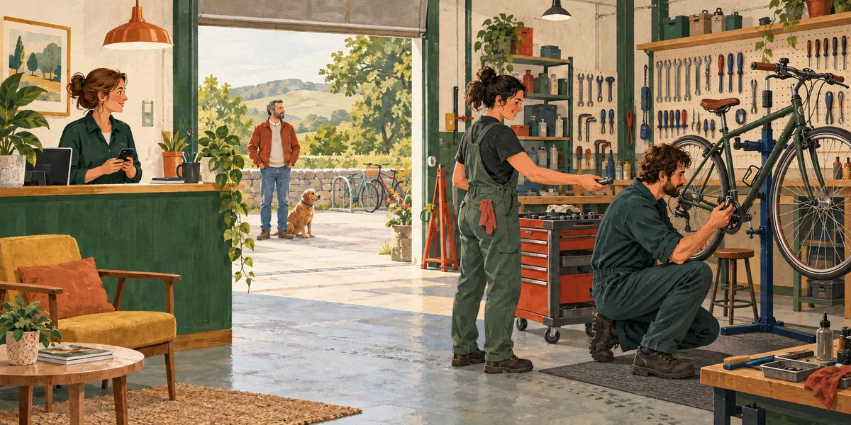 A stock worker hands a component to a mechanic while the adviser waits before contacting the customer.