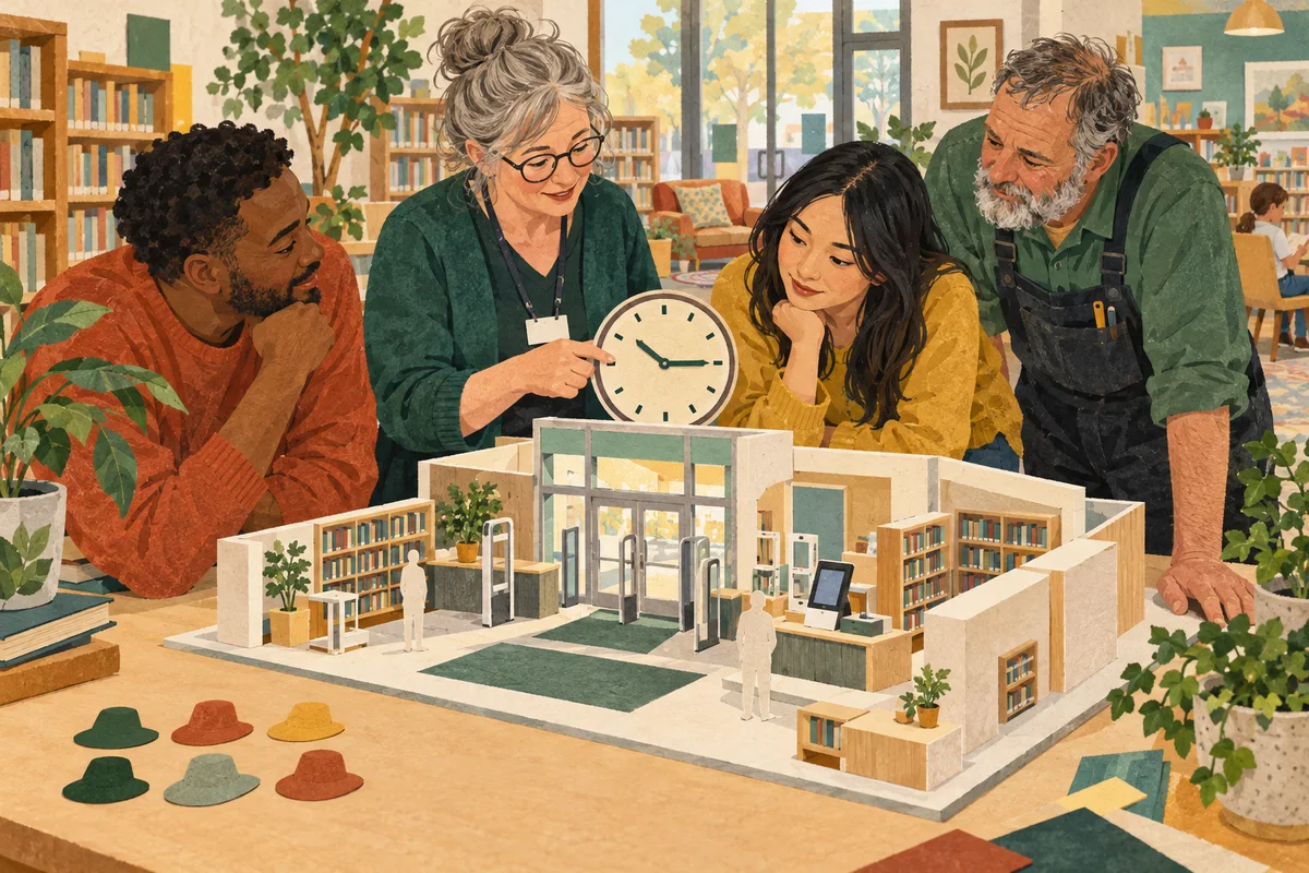 Four people in a library study an entrance model and clock together, with six coloured hat tokens at the edge.