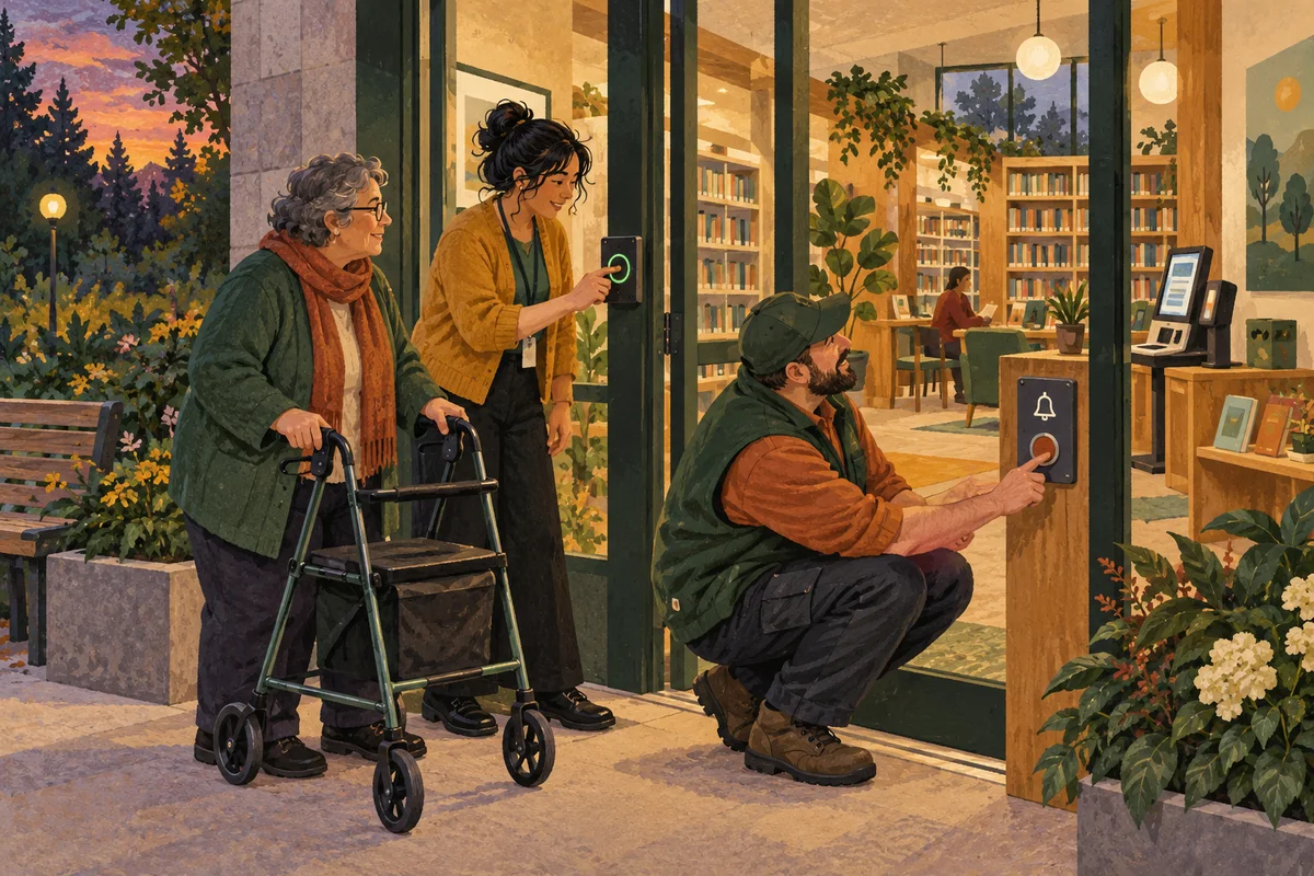 A reader, librarian and caretaker test a library entrance and help-call device at twilight.