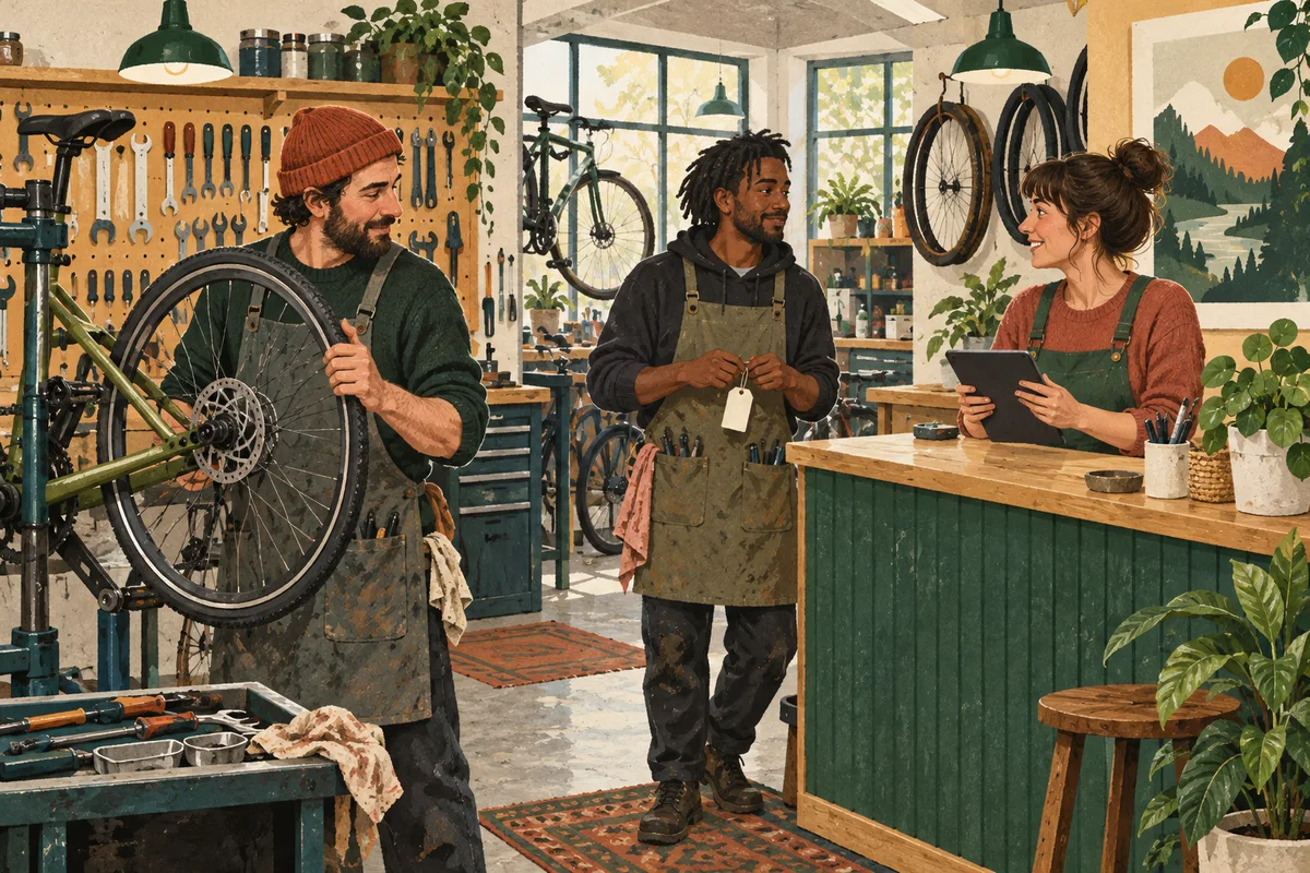 A bicycle mechanic and coordinator checking the handoff between a repair tag and a tablet.