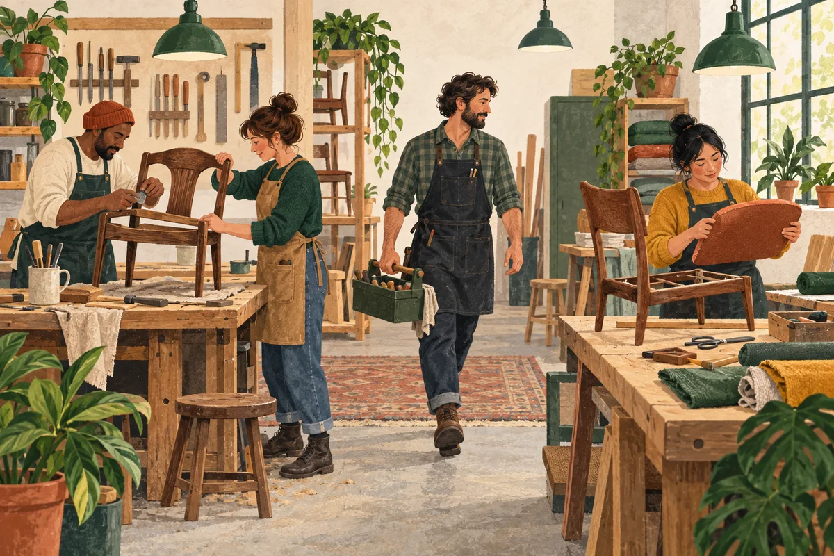Two furniture work zones sharing a specialist carrying tools between repair work and a seat prototype.