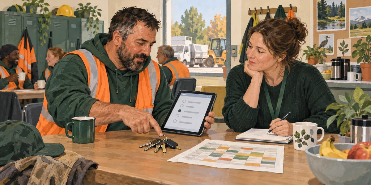 A maintenance worker explains a tablet question to a researcher using keys and a shift sheet.