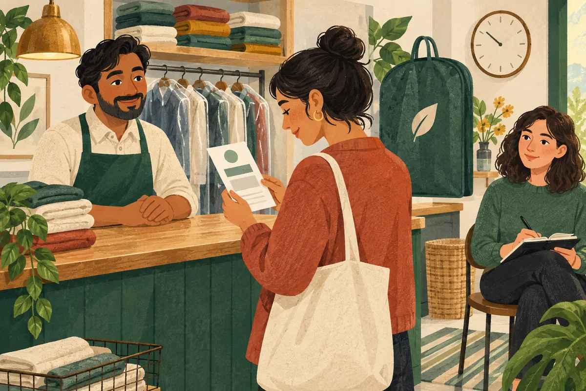 Customer examining a paper notification in a laundry shop while a researcher observes without pointing.