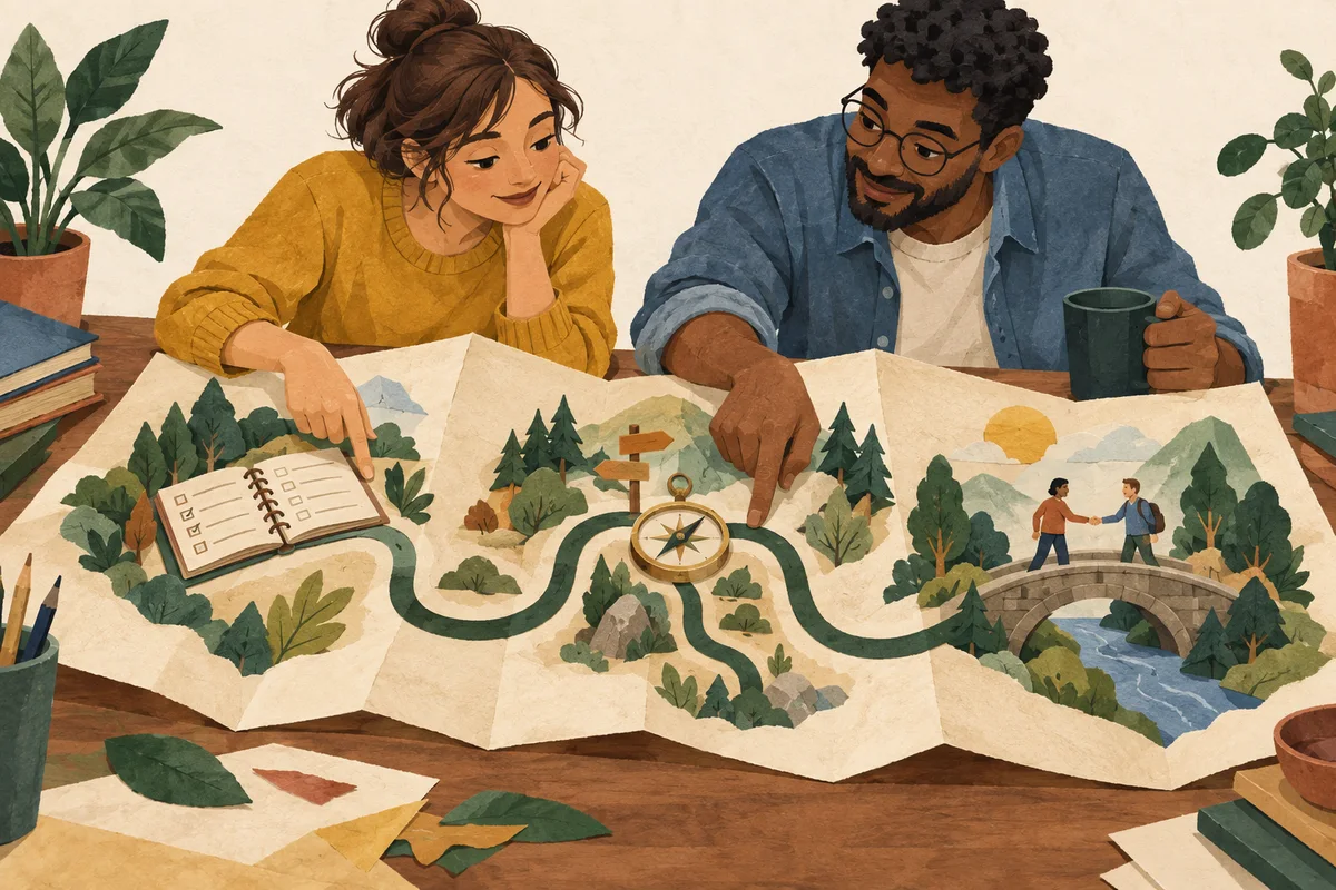 Two colleagues explore a paper map whose path links a notebook, a compass at a fork and people meeting on a bridge.
