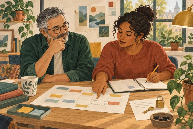 A successor points to a gap in a paper schedule while a colleague listens; a closed padlock, key and request note sit nearby.