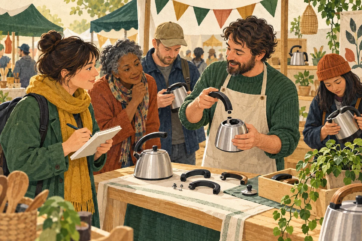 Researcher observing a replaceable kettle-handle demonstration at a small household-goods fair.