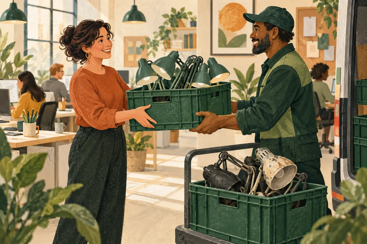 Office manager receiving lamps while a service worker collects a worn lamp in a return crate.