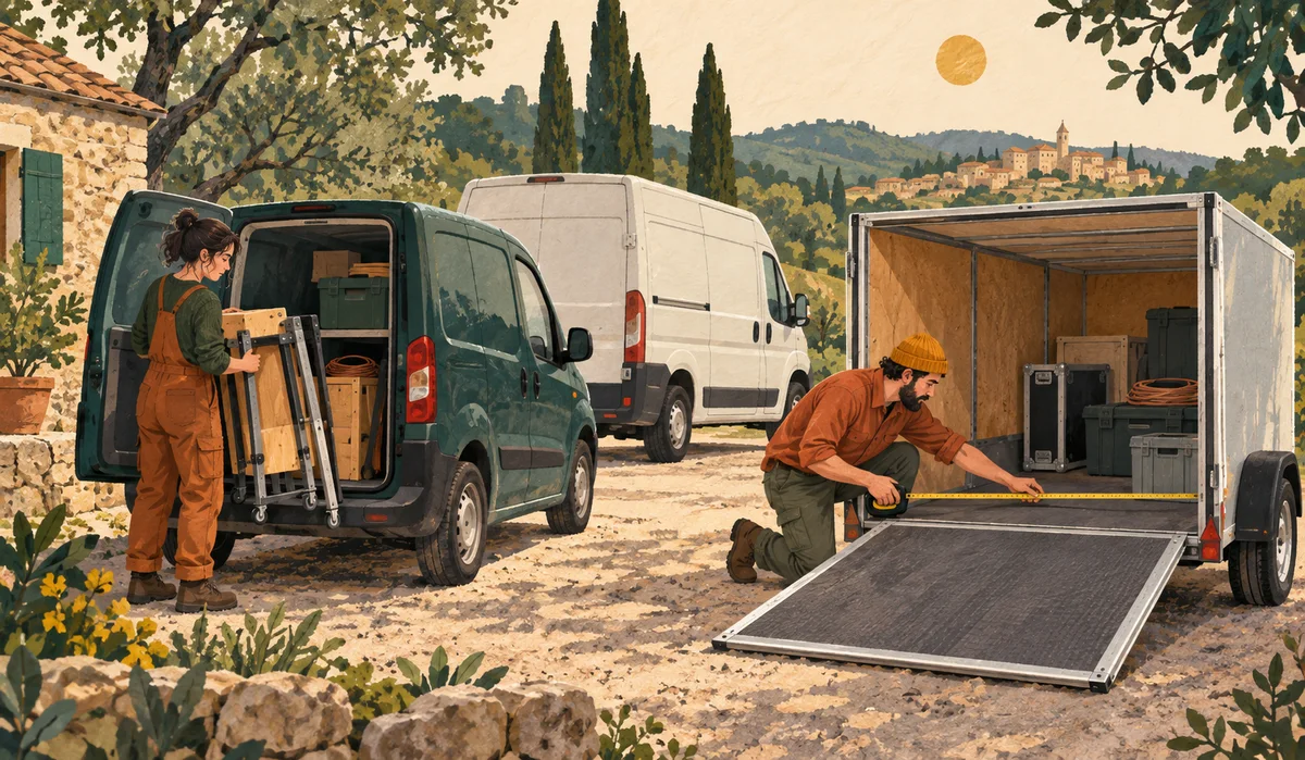 Volunteers compare how a folding workbench fits into a compact van and an open cargo trailer.