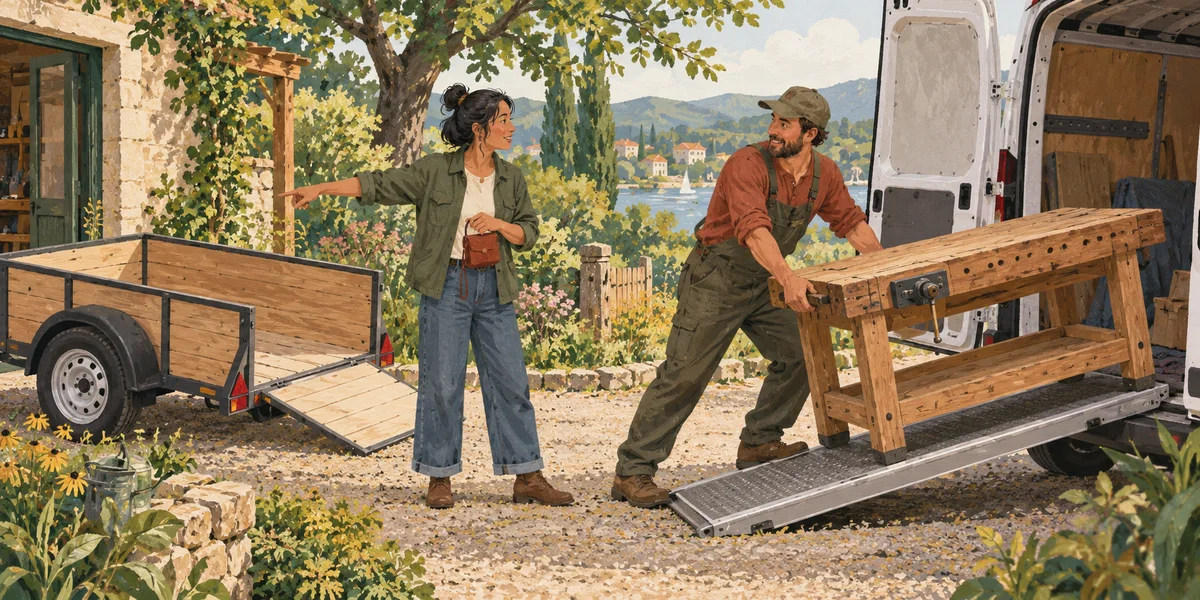 A volunteer tests a van ramp while a coordinator compares the van with a lower-cost trailer.